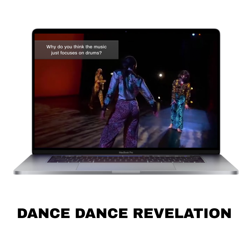 A computer with a dance video from the Kelly Stayhorn on it with an overlayed caption that says Why do you think the music focuses just on drums. Under is the name of the project which is dance dance revelation