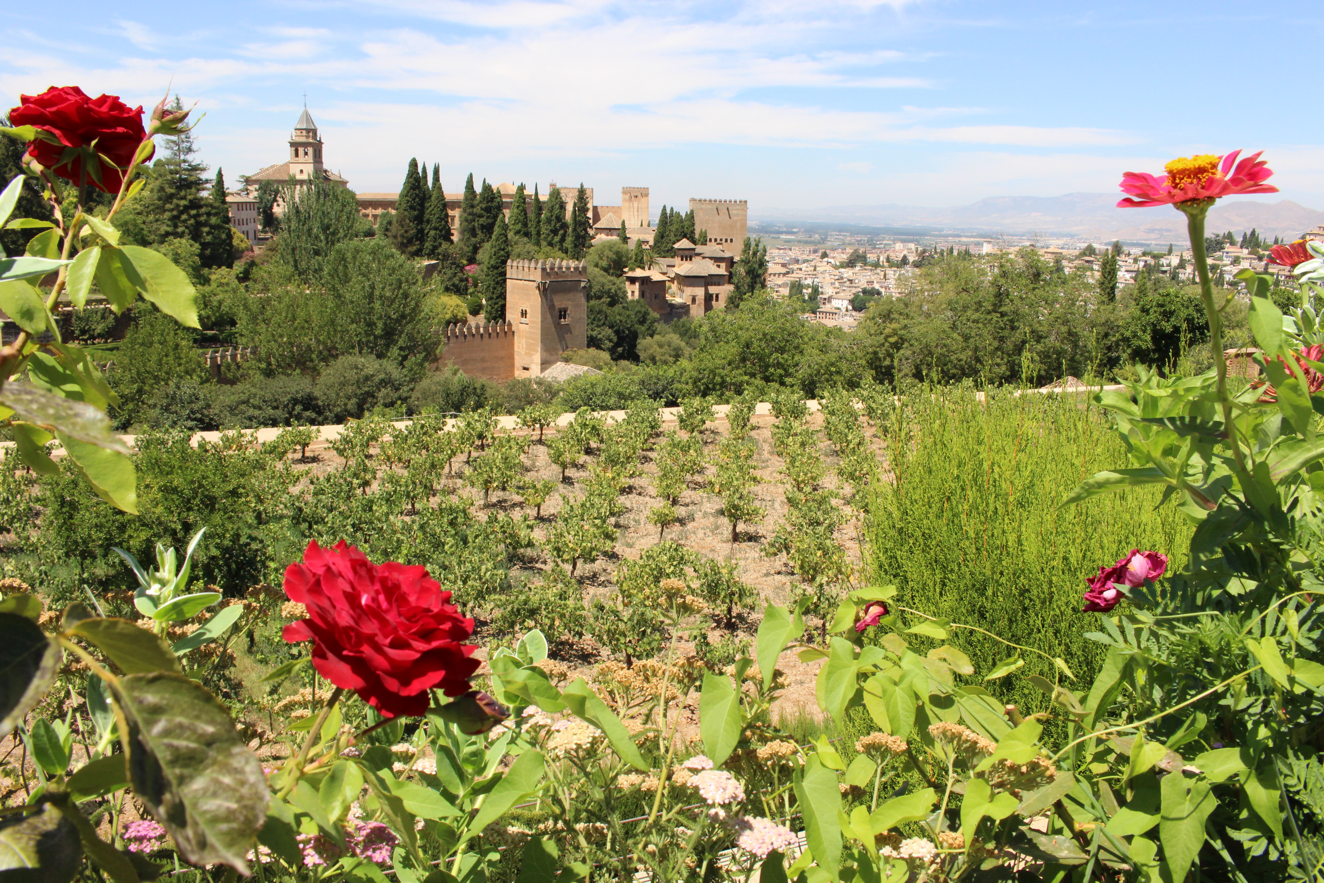 A castle in spain is in the background and in the foreground there are flowers and greenery.